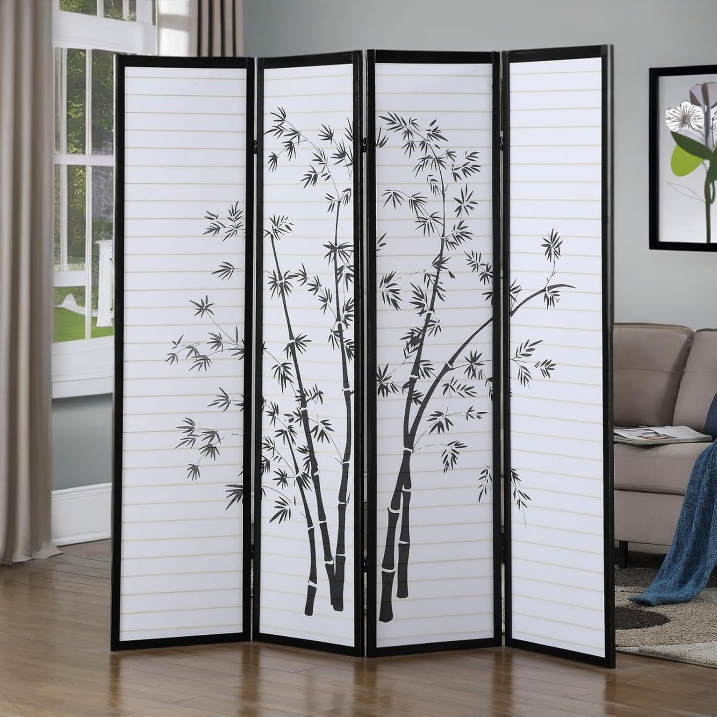 NicBex Room Divider 4 Panel Room Dividers with Oriental Style Partition Room Dividers and Folding Privacy Screens Wall Divider for Home, Office, Room Separation,72" W x 1" D x 71" H, Black
