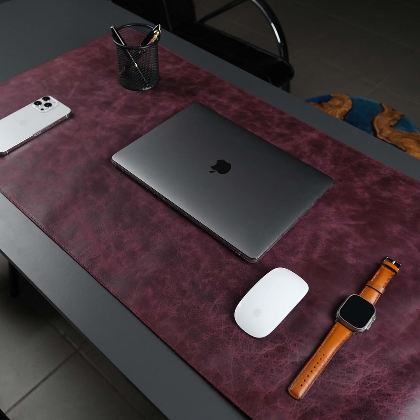 Jersey Genuine Calfskin Leather Desk Pad, Office Desk Mat with Non-Slip Bottom, Smooth Surface for Mouse & Keyboard, Desk Protector (14.6x31.5 inches) (Purple)