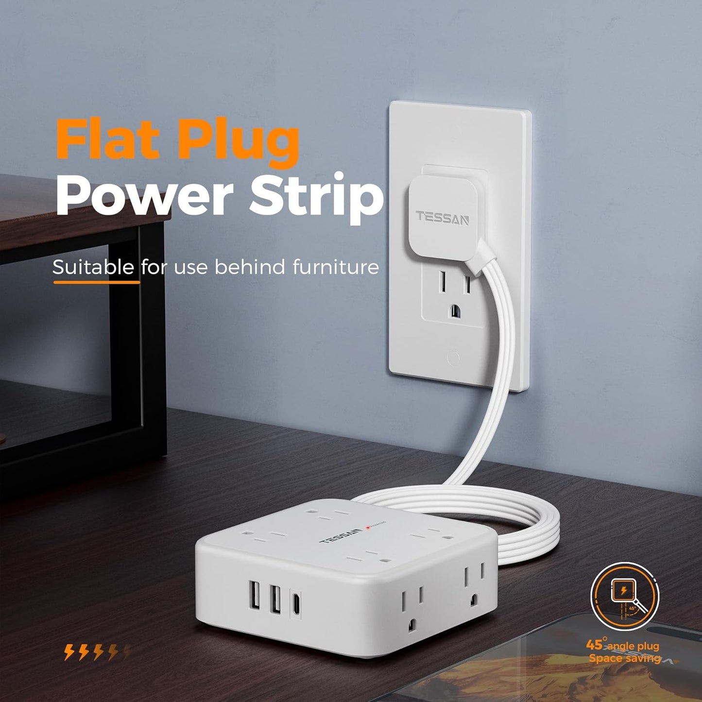 Surge Protector Power Strip, TESSAN 15 FT White Extension Cord Flat Plug with 8 AC Outlets 3 USB Ports (1 USB C), 900J Surge Protection, 3 Sided Wall Mountable Outlet Extender for Office Dorm Room