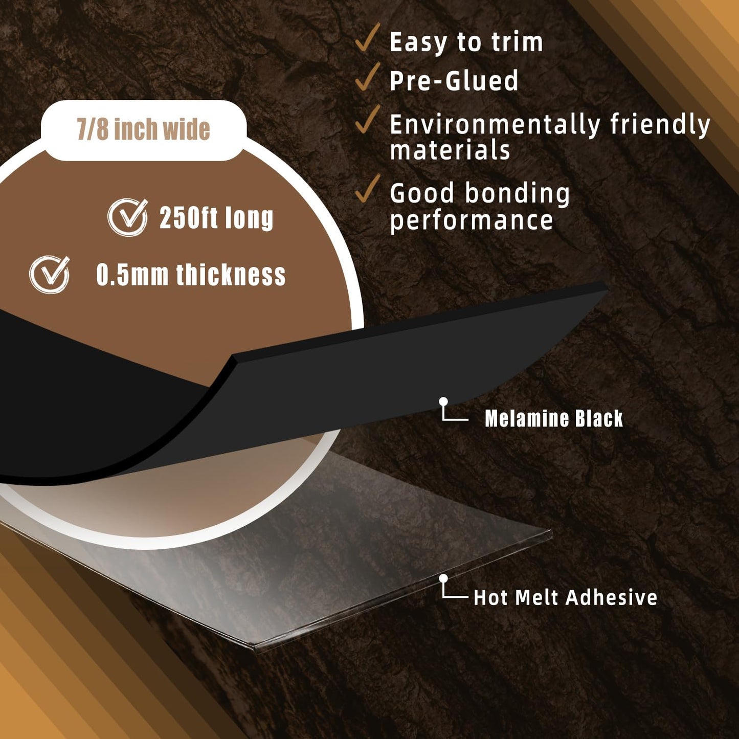 GSCIT Club Black Edge Banding, 7/8 inch x 250ft Melamine Edge Banding with Hot Melt Adhesive Preglued Cabinet Edge Banding Flexible Black Veneer Edging