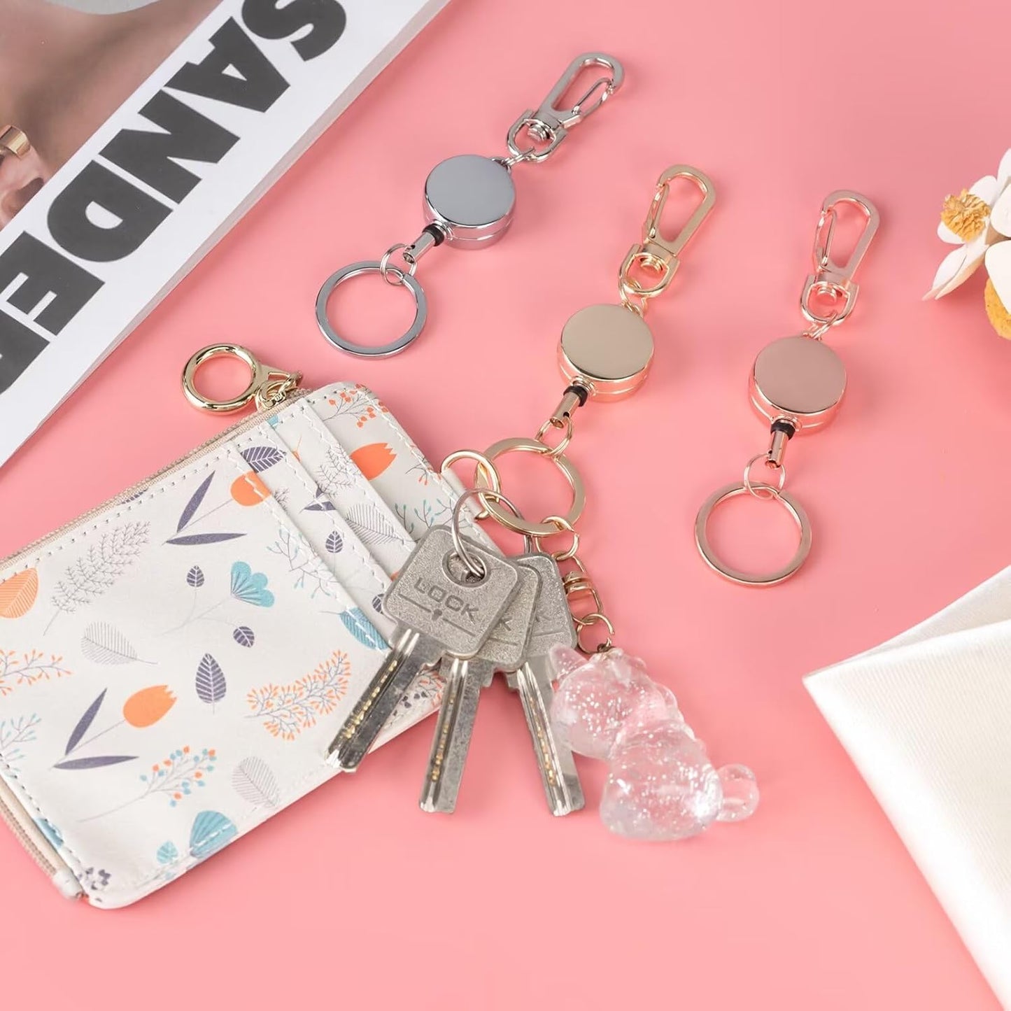 bolimoss Retractable Badge Holder ID Carabiner Badge Reels Cute Metal Retractable Key Ring for Name Card Keychains Women Men,3 Packs (Rose Gold,Gold,Black)