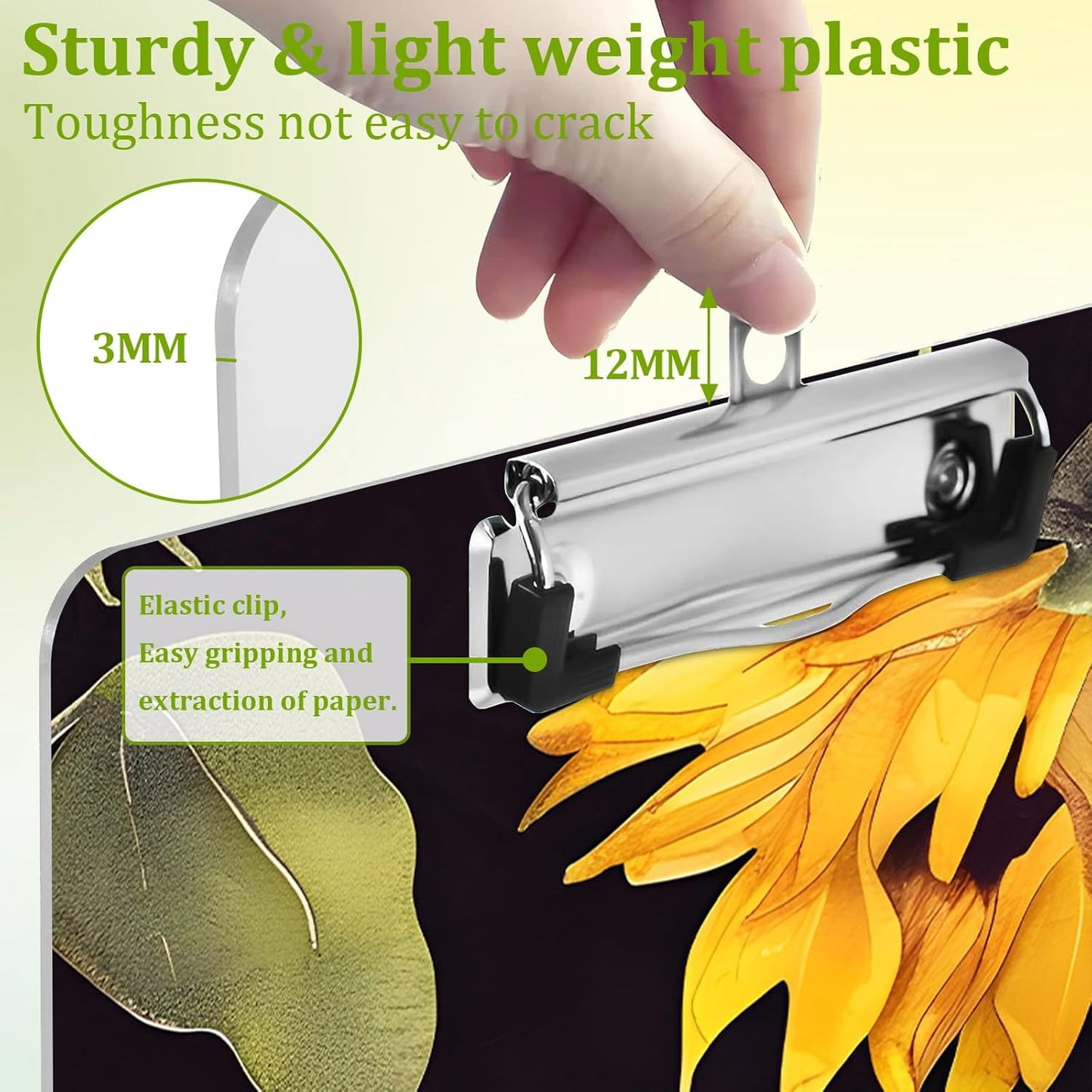 Watercolor Sunflowers Clipboard,Decorative Acrylic Clipboard with Low Profile Metal Clip for Office,School,Teachers,Students Standard Letter Size 9x12.5