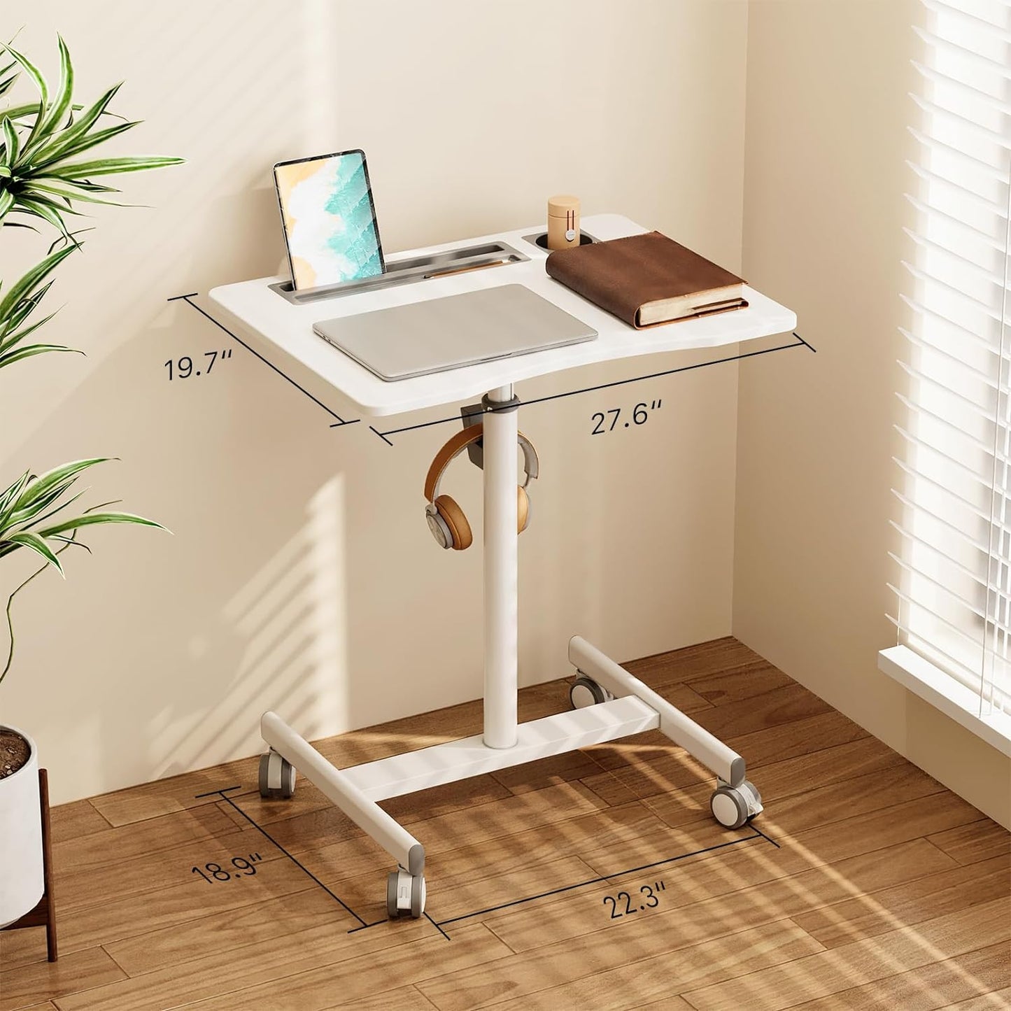 Mobile Standing Desk, 28 inch Rolling Standing Laptop Desk with Cup Holder, Mobile Desk Workstation with Wheels, Portable Computer Desk Cart with Hook for Home Office, White