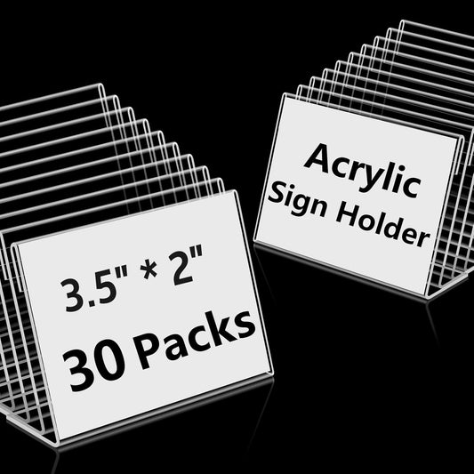 30 PCS Small Acrylic Sign Holder 3.5" x 2", Mini Acrylic Food Sign Labels for Party Buffet, Retail Price Display Holder, Clear Plastic Table Counter Top Stand for Place Cards, Name Card, Wedding Signs