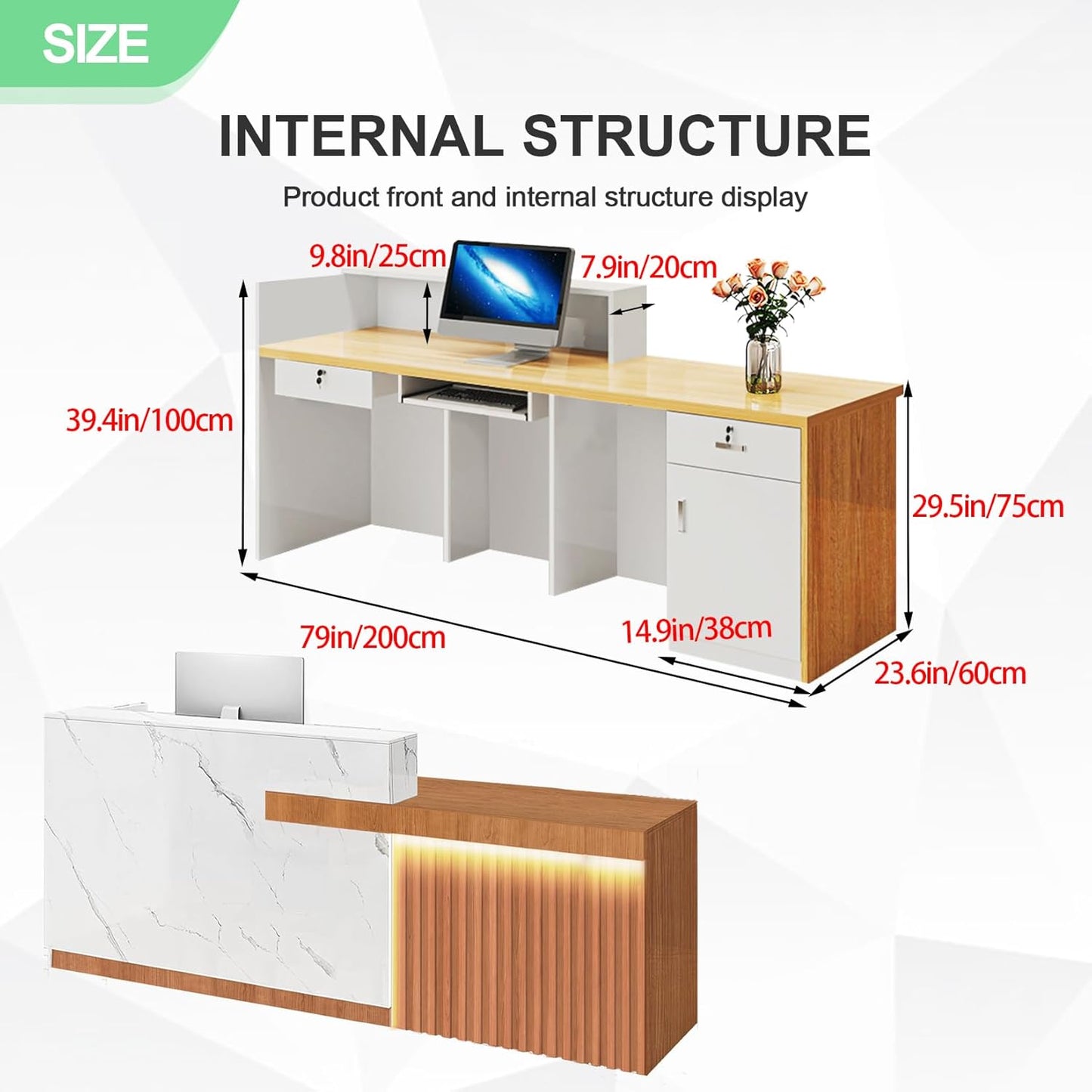 Modern Reception Desk with Counter and Drawer Office Front Desk with Cabinet Wooden Commercial Reception Table Checkout Counter for Retail Salon Lobby White and Brown Left 79inch/200cm