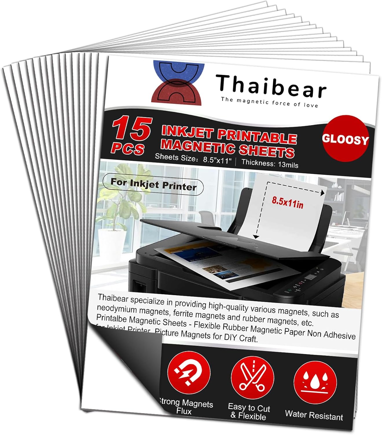Thaibear Printable Magnetic Sheets 8.5x11 Inch Inkjet, 15 Pack Glossy Flexible Magnetic Paper Sheets for Printer, Magnet Sheets Non Adhesive for Photo, Die Storage and Stickers