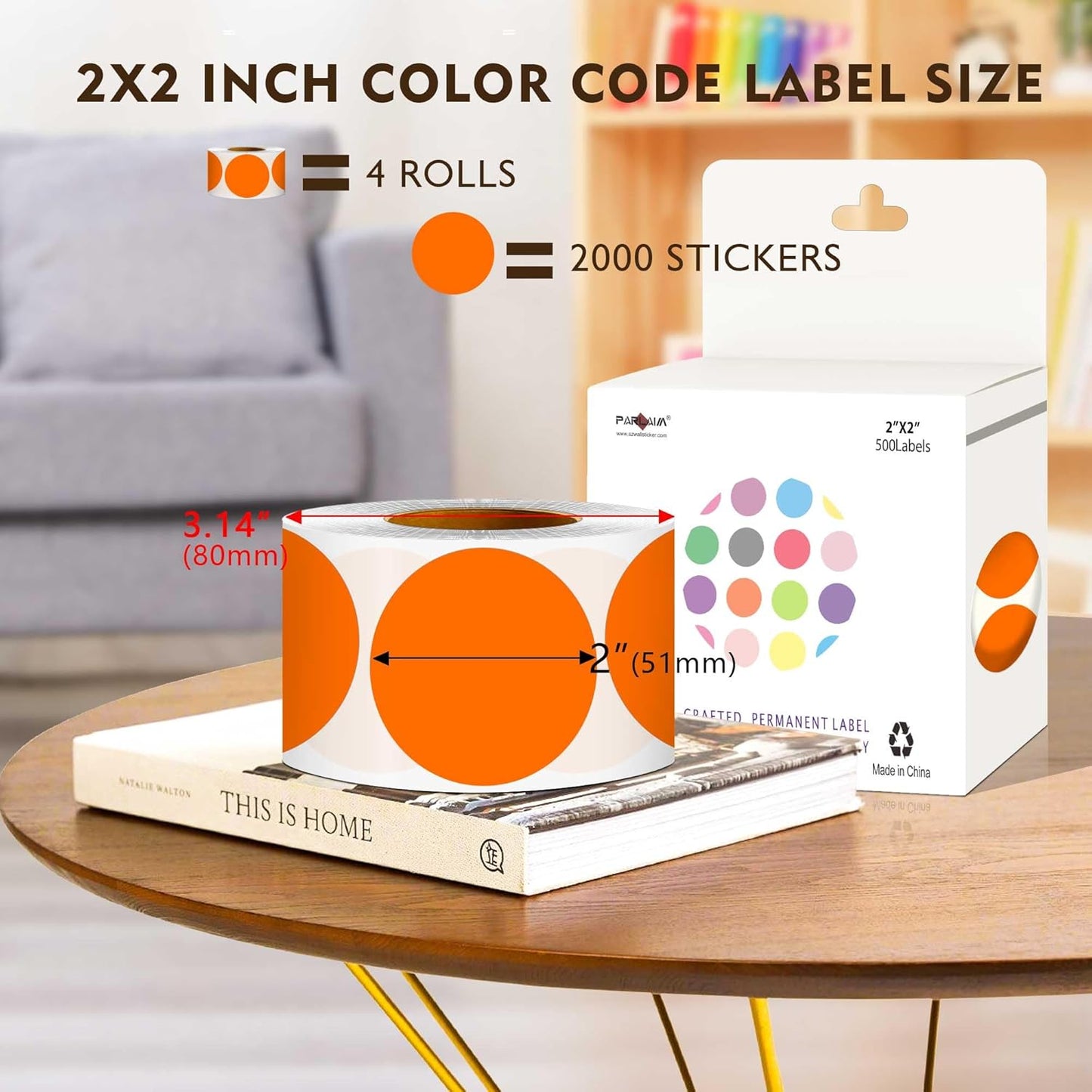 PARLAIM 2 inch Round Color-Code Dot Sticker Labels, 4 Rolls 2000 Adhesive Label Pack in Dispenser Box, Orange
