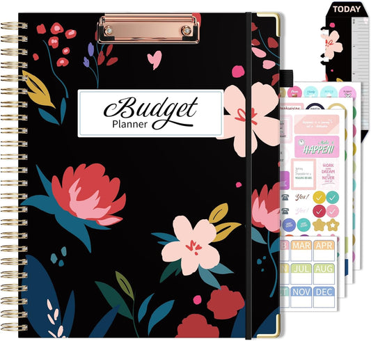 Ospelelf Undated Budget Planner with Expense Tracker and Bill Organizer Large Spiral Bound Monthly Account Planners to Take Control of Your Money 12 Months Black Floral