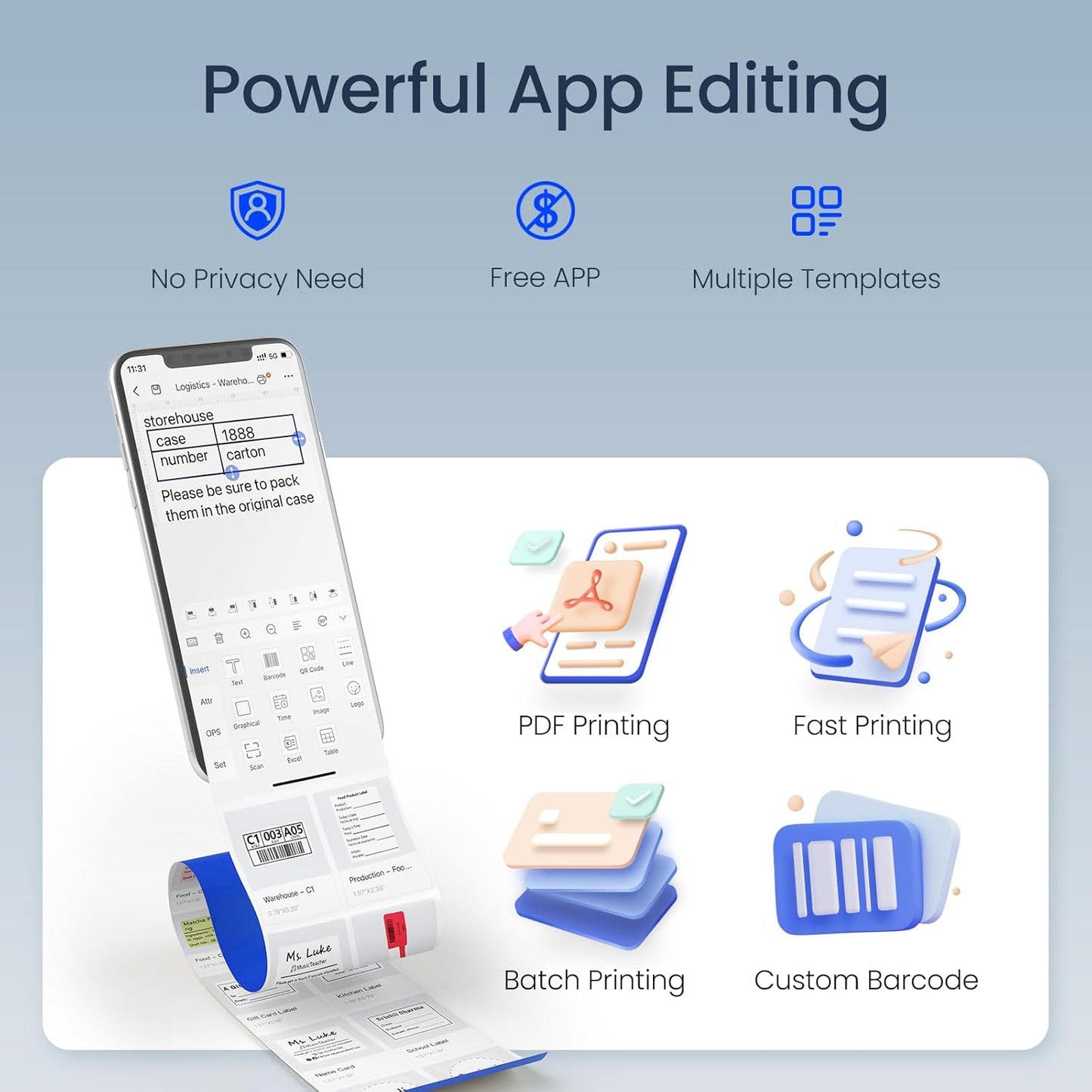 CLABEL Thermal Label Maker Machine: 221B Mini Sticker Printer Barcode Printer Inkless Label Printer Compatible with Clothing Price Labeling with 1 Roll of 50x30mm Label(Gray White)