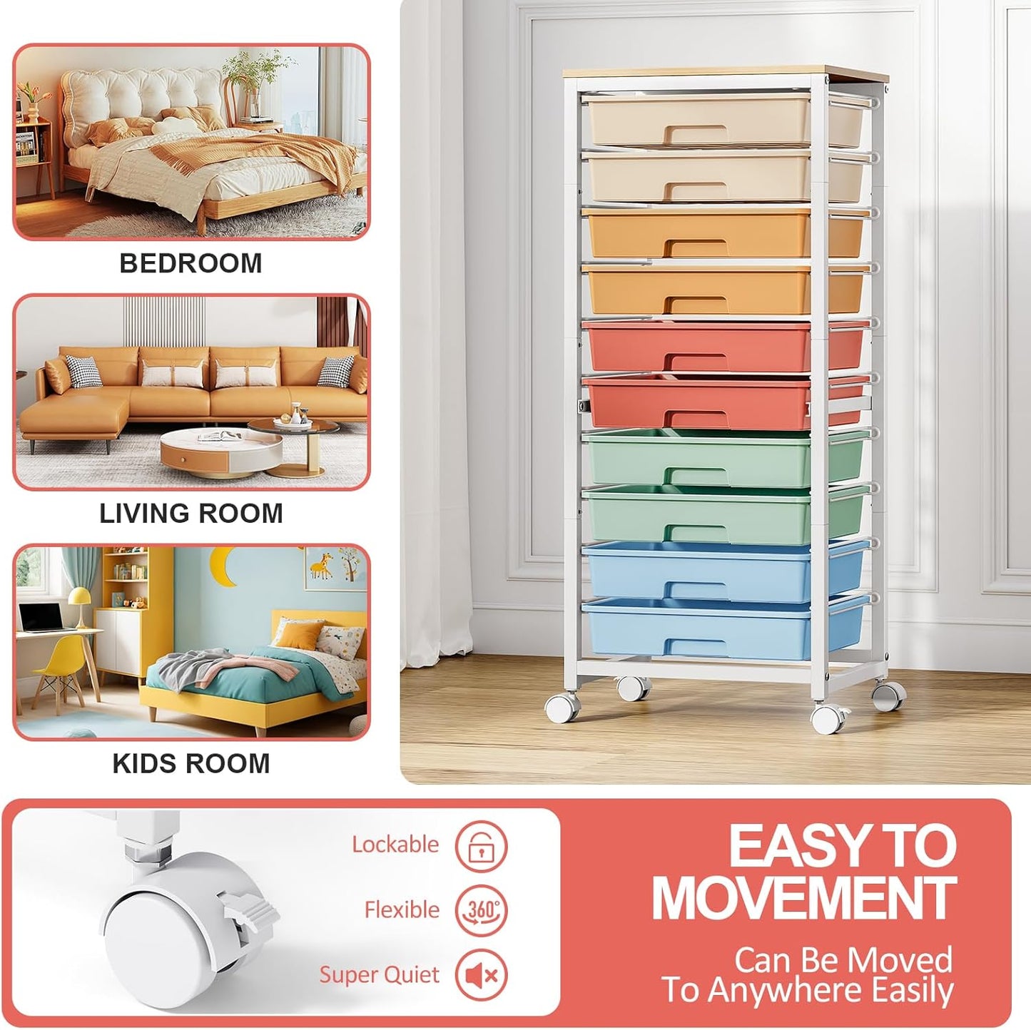 Rolling Cart with Drawers,10 Drawer Rolling Cart,Storage Cart with Wheels,Utility Cart with Drawers,Teacher Cart for Classroom Storage,Craft Cart with Wheels and Wooden Tabletop,Rainbow
