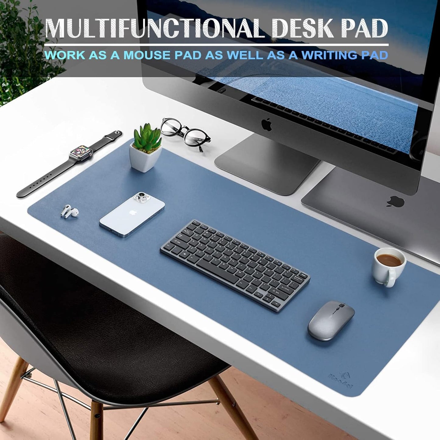 K KNODEL Large Office Leather Desk Mat, Mouse and Keyboard Pad, Computer and Laptop Mat, Desktop Protector and Cover, Writing Pad and Blotter (35.4"x17", Lake Blue)