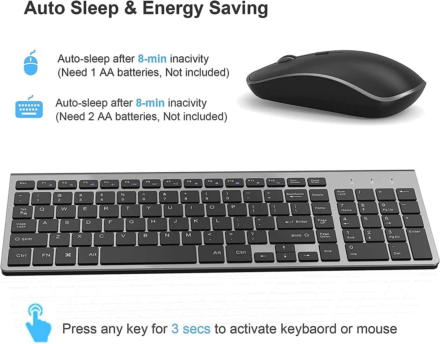 JOYACCESS Wireless Keyboard and Mouse,2.4G Ergonomic and Slim Wireless Computer Keyboard Mouse Designed for Windows, PC, Laptop,Tablet - Black Grey
