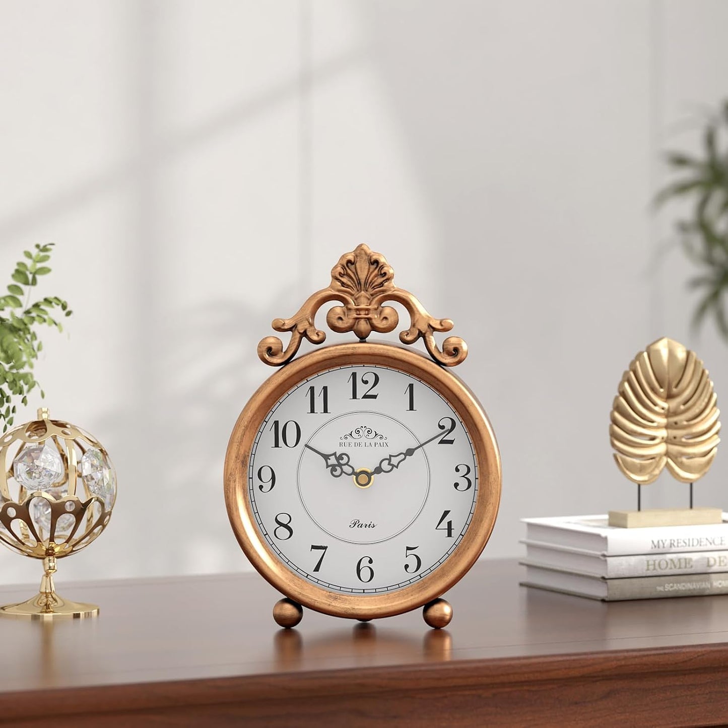Vintage Gold Table Clock, Desk and Shelf Mantel Clock, French Rustic Antique Style Decor Clocks, for Farmhouse, Bedroom, Living Room, Bedside, Gift (9" H x 6.3" W)