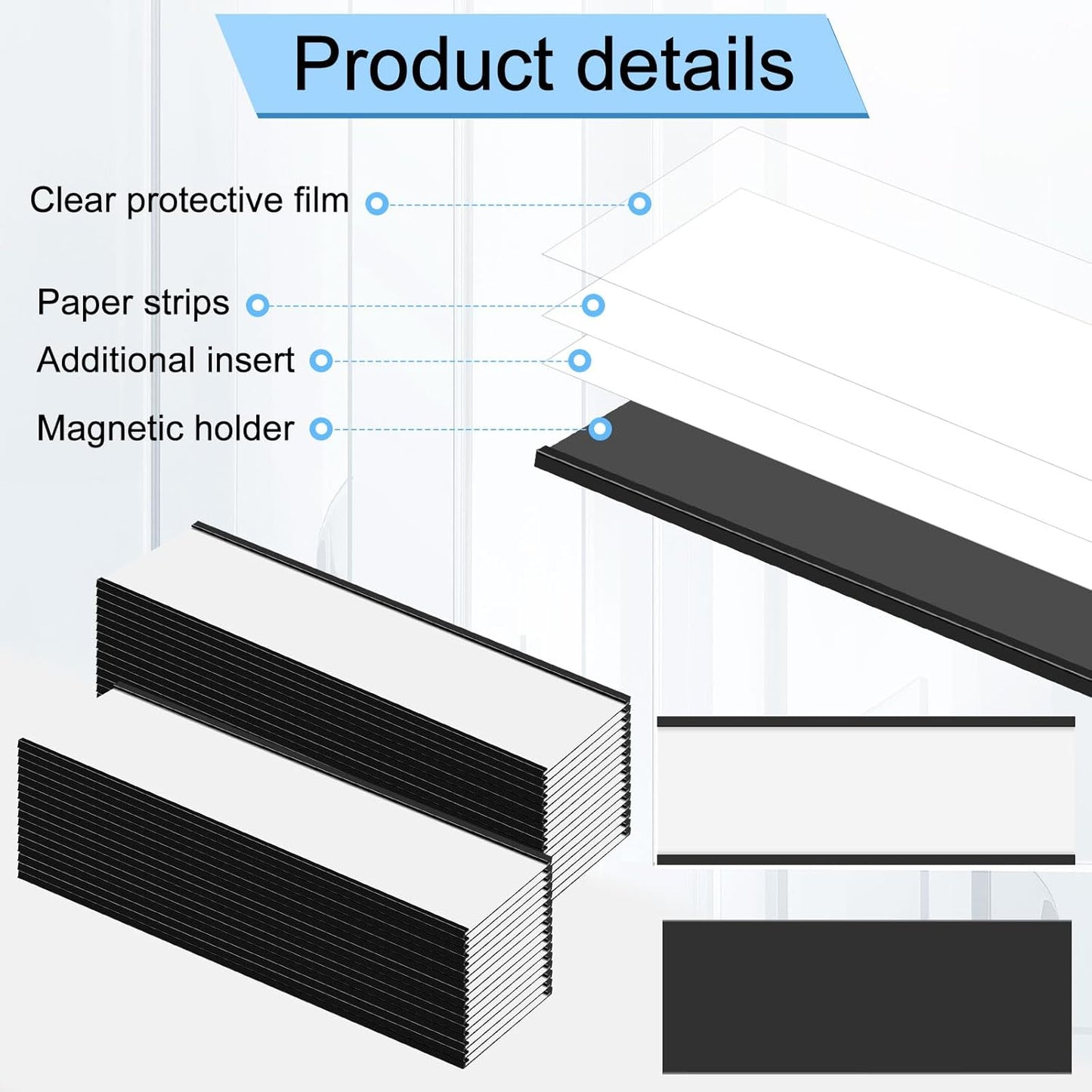 Gueevin 30 Pcs Magnetic C Channel Label Holders 3 x 8 Inch Label Holders Magnet Name Plate with Paper Inserts and Clear Plastic Protectors for File Cabinet Shelf Toolbox Drawer