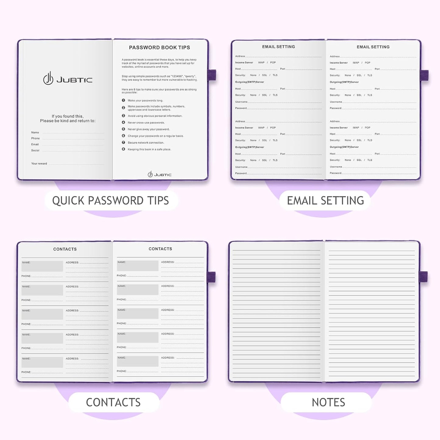 JUBTIC Password Book with Individual Alphabetical Tabs, 7"x10" Internet Password Keeper Book for Seniors, Password Notebook and Organizer/Notes Section,Purple