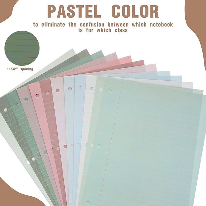 PerKoop 12 Pack 600 Sheets Colored Lined Paper Bulk Wide Ruled 8 x 10.5 Inches, Pastel Loose Leaf Notebook Paper 3 Hole Punched Filler for Back School Classroom Supplies(Morandi Color)