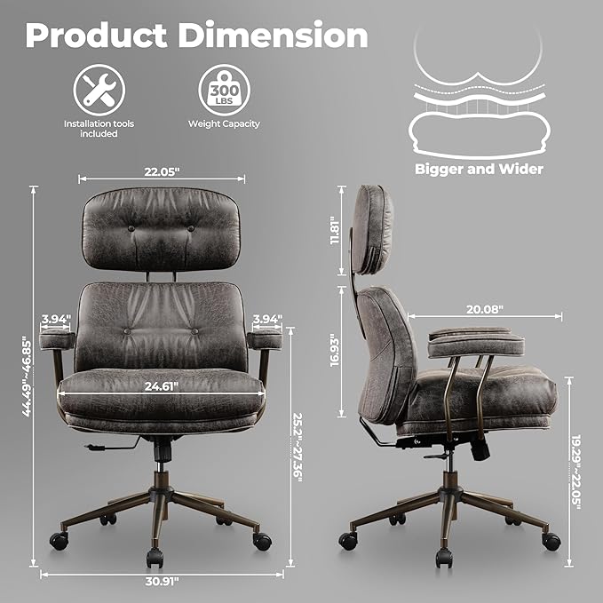 ovios Home Office Chair, Mid-Century Modern Faux PU Leather Chairs with Lumbar Support Comfy Thick Cushion, High Back Ergonomic Swivel Rolling Executive Armchair (Dark Grey, Suede Leather)