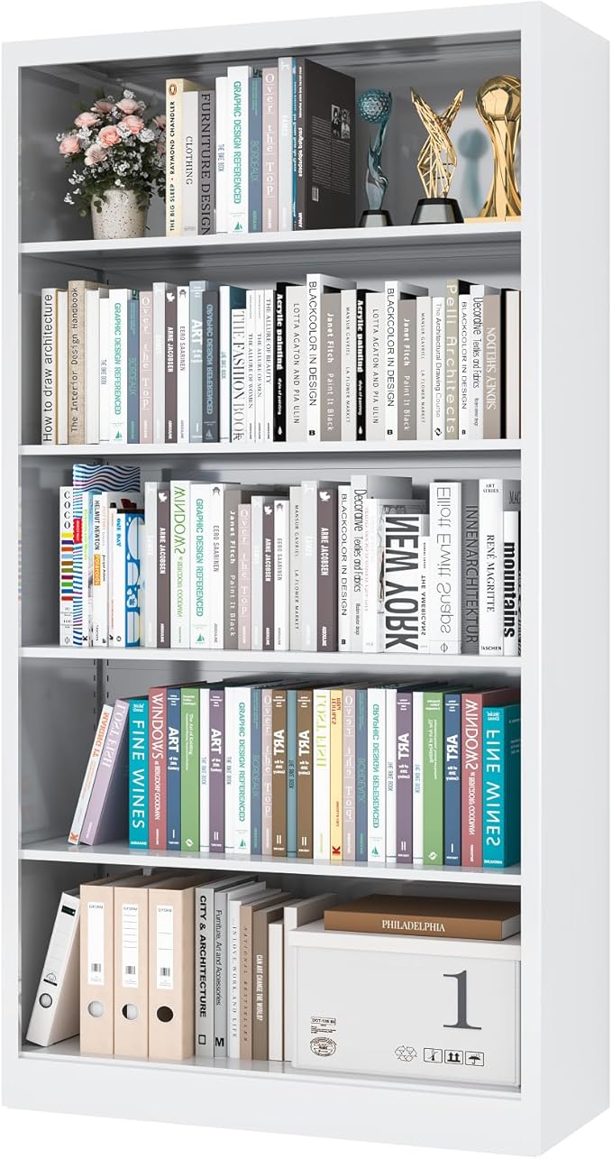 White Metal Bookshelf, 66" Tall Bookcase, Industrial Bookshelves and Bookcases, 5 Shelf Bookcase with Adjustable Shelves, Heavy Duty Book Cases for Office, Home, Library, Living Room, School