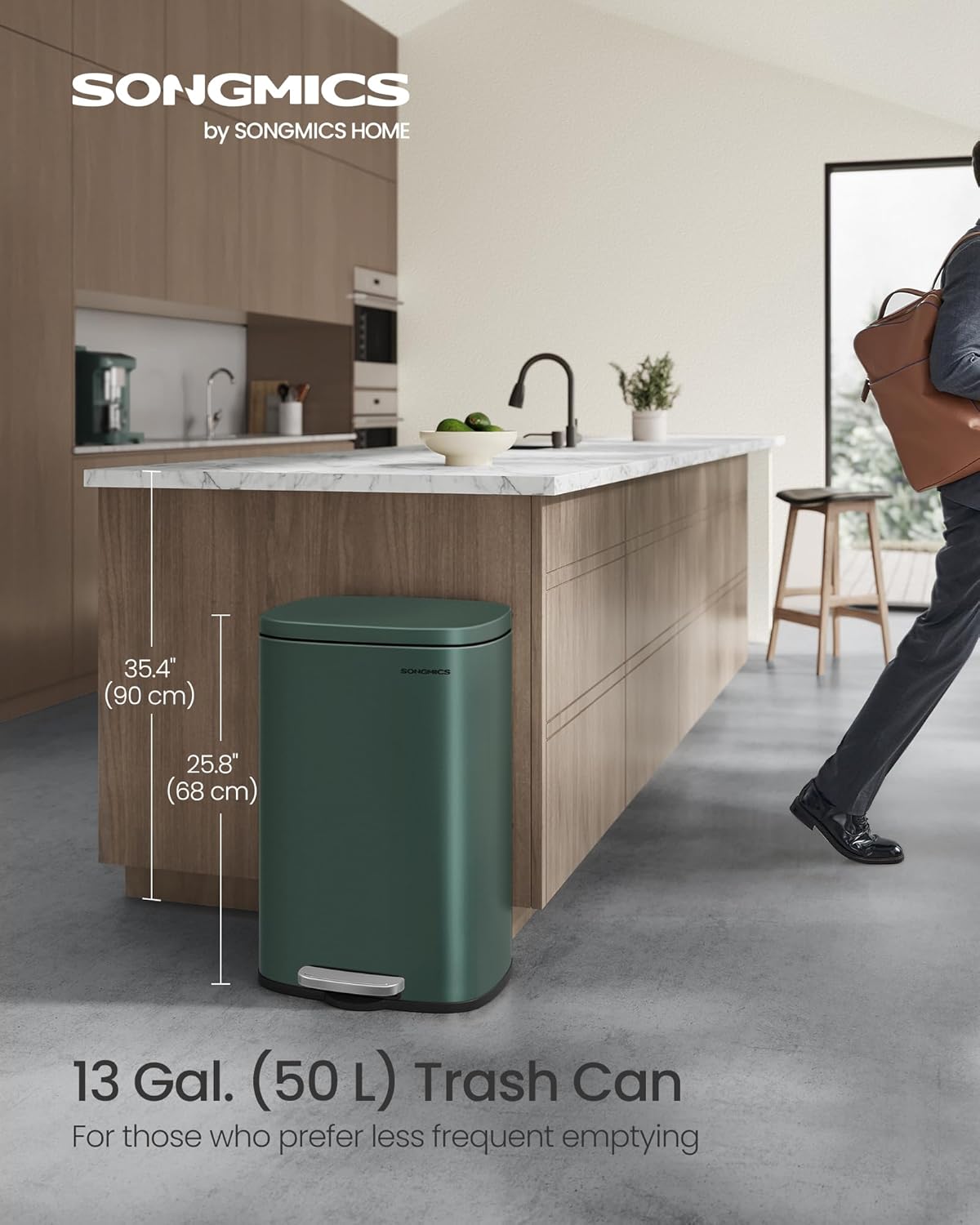 SONGMICS 13 Gallon (50 L) Trash Can, Stainless Steel Kitchen Garbage Can, Recycling or Waste Bin, Soft Close, Step-On Pedal, Removable Inner Bucket, Retro Green ULTB050C01