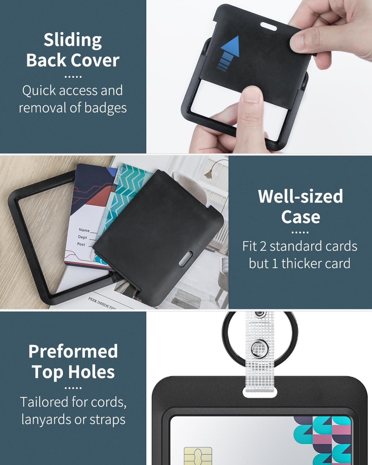 Uniclife 2 Pack Sliding Badge Holder Horizontal Hard Plastic Case with Retractable Keychain Badge Reel for up to 8 oz Card Protector for ID Credit Card Proximity Key Card Driver’s License and Pass