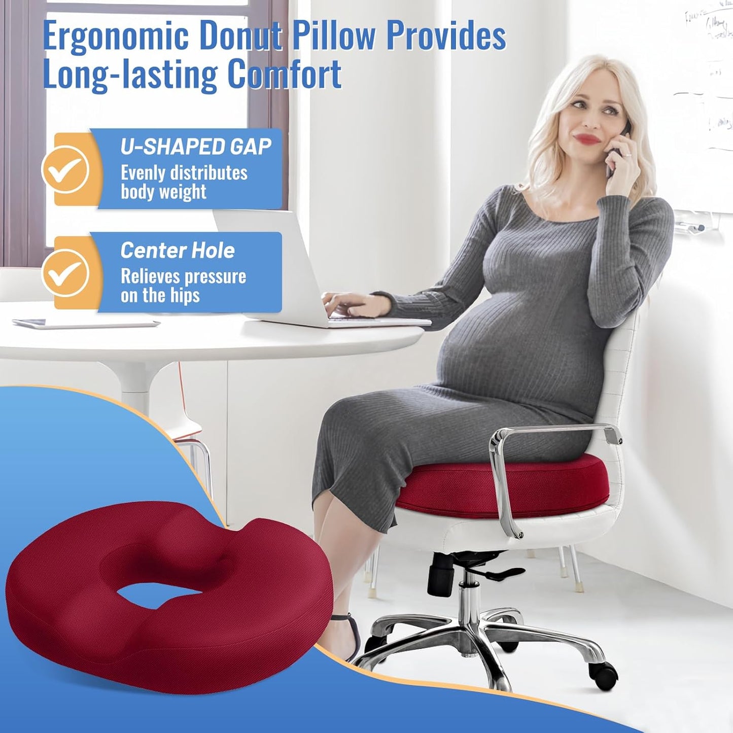 CloudBliss Donut Pillow Seat Cushion Chair Pad for Tailbone Pain Relief and Hemorrhoids, Memory Foam Seat Chair Cushion for Men and Women for Home & Office, (Red-XL)