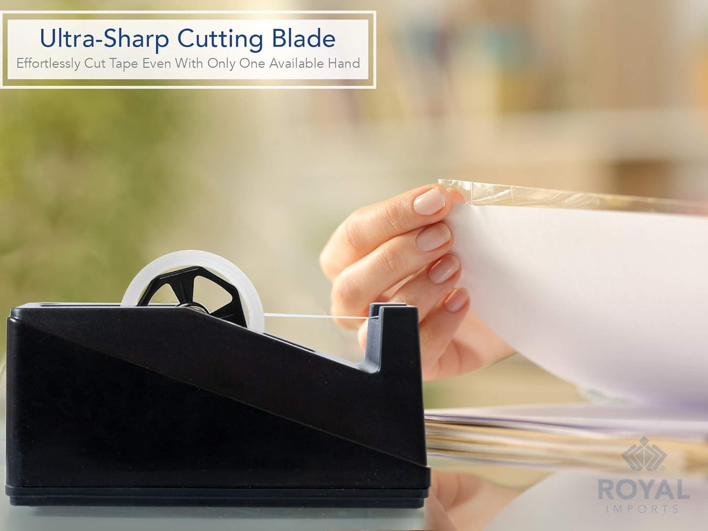 Royal Imports Desktop Tape Dispenser Adhesive Roll Holder (Fits 1" & 3" Core) Heavy Duty Premium for Office, Home, School, Library, Crafts, Moving, Giftwrapping with Weighted Nonskid Base, Black