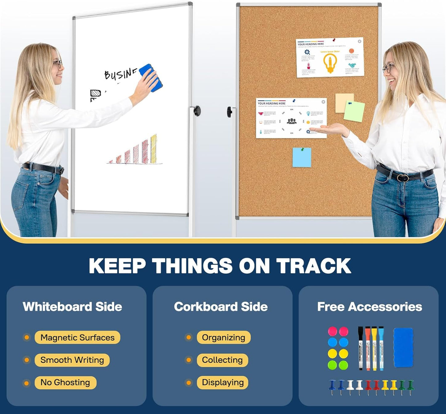 [15 Sq/ft] Large Rolling Whiteboard & Corkboard Combo with Stand, 28"x40" Reversible Double-Sided White Board Cork Board Combination, Mobile Dry Erase and Bulletin Boards on Wheels