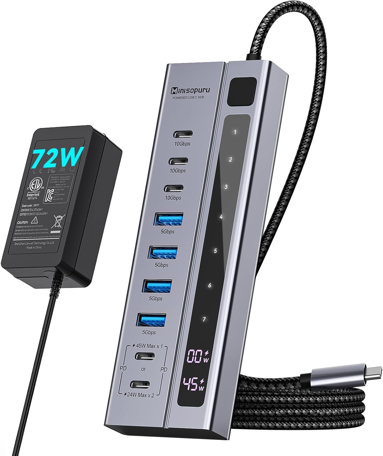 Minisopuru Powered USB C Hub – Support Max 45W Charging with 72W Power Adapter, 10Gbps Data Transfer, USB-C Powered Hub for Laptop, MacBook,iPad (Not for Monitor)