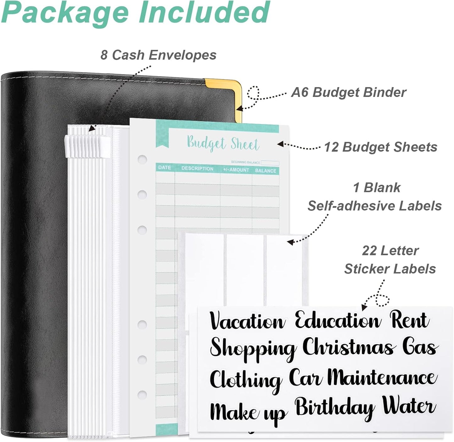 Rnivvi Budget Binder with Zipper Envelopes, A6 Money Saving Binder Cash Envelopes for Budgeting, PU Leather Planner Money Organizer for Cash Stuffing Planning, Cute System Wallet for Women Men, Black