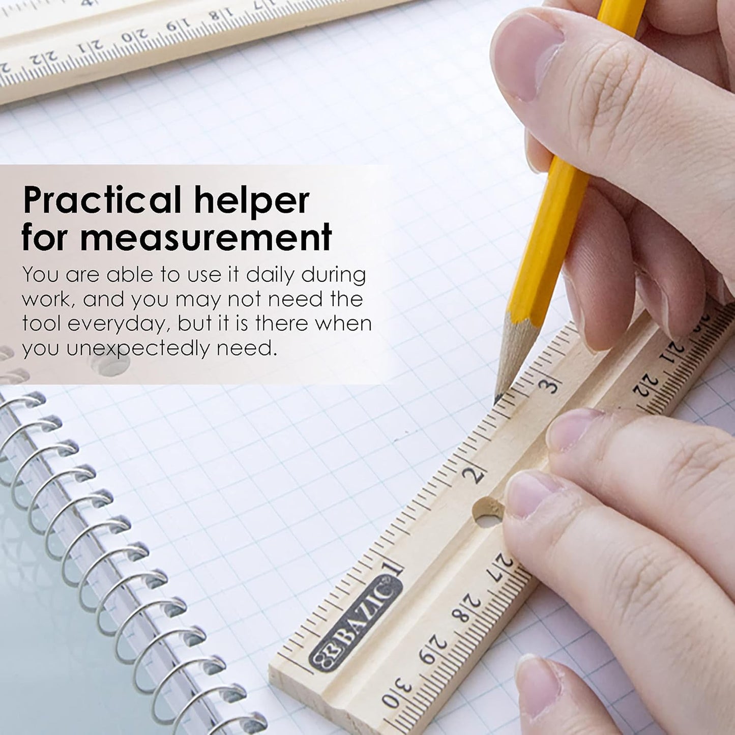 BAZIC Wooden Ruler 12" (30cm), Singel Metal Edge, Inches Centimeter Metric Measuring Drafting Rulers, for Students School Supplies (3/Pack), 2-Packs