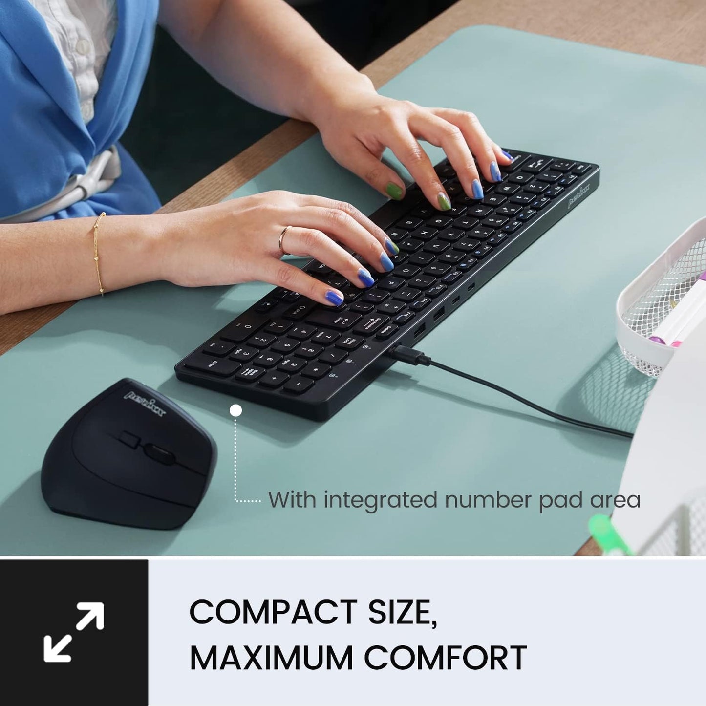 Perixx PERIBOARD-215B US, Wired Keyboard - Ultra Slim Scissor Keys - 2 Built-in USB-A & USB-C Ports - Detachable Cable - Black - US English