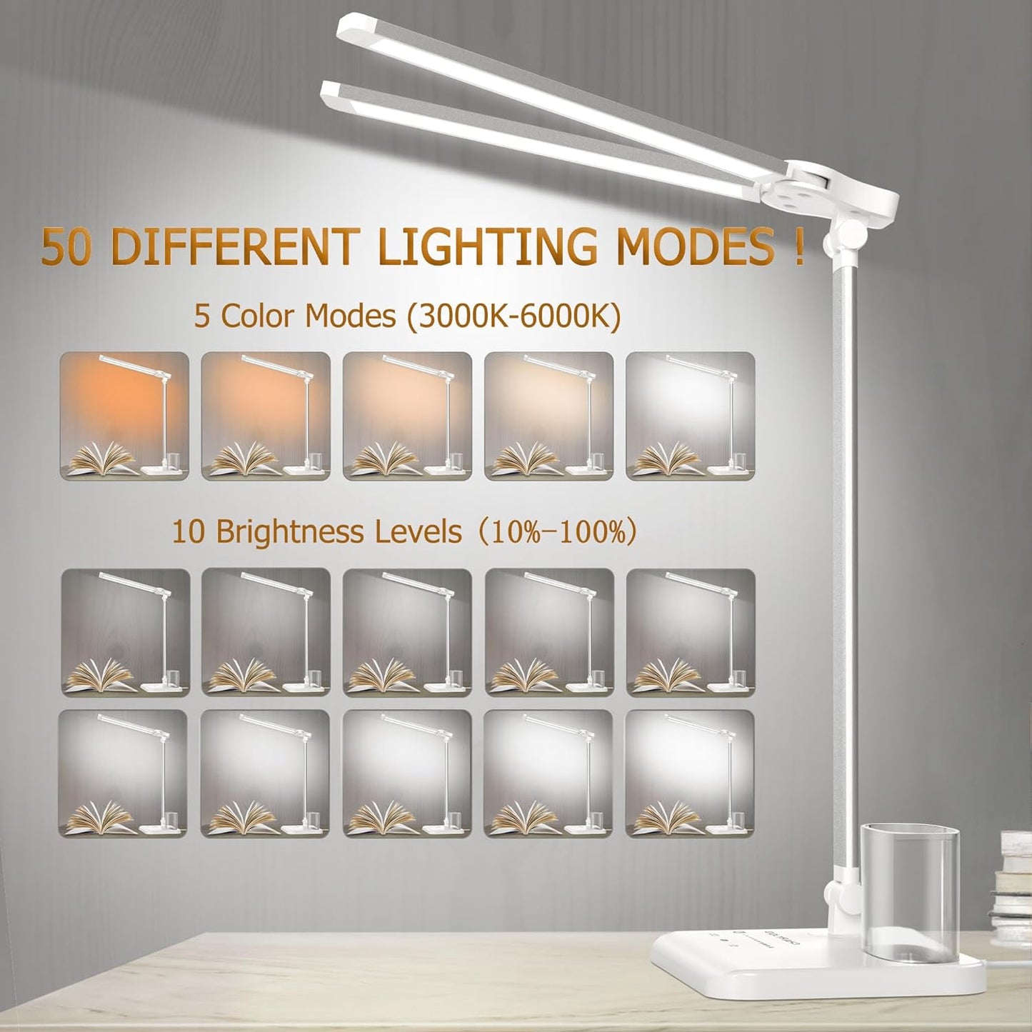 LED Desk Lamp Dimmable Table Lamp with USB Charging Port, 50 Lighting Modes, Adjustable Foldable Dual Swing Arm Architect Desk Lamp for Home Office, Eye-Caring Reading Lamp w/ Pen Holder 45min Timer