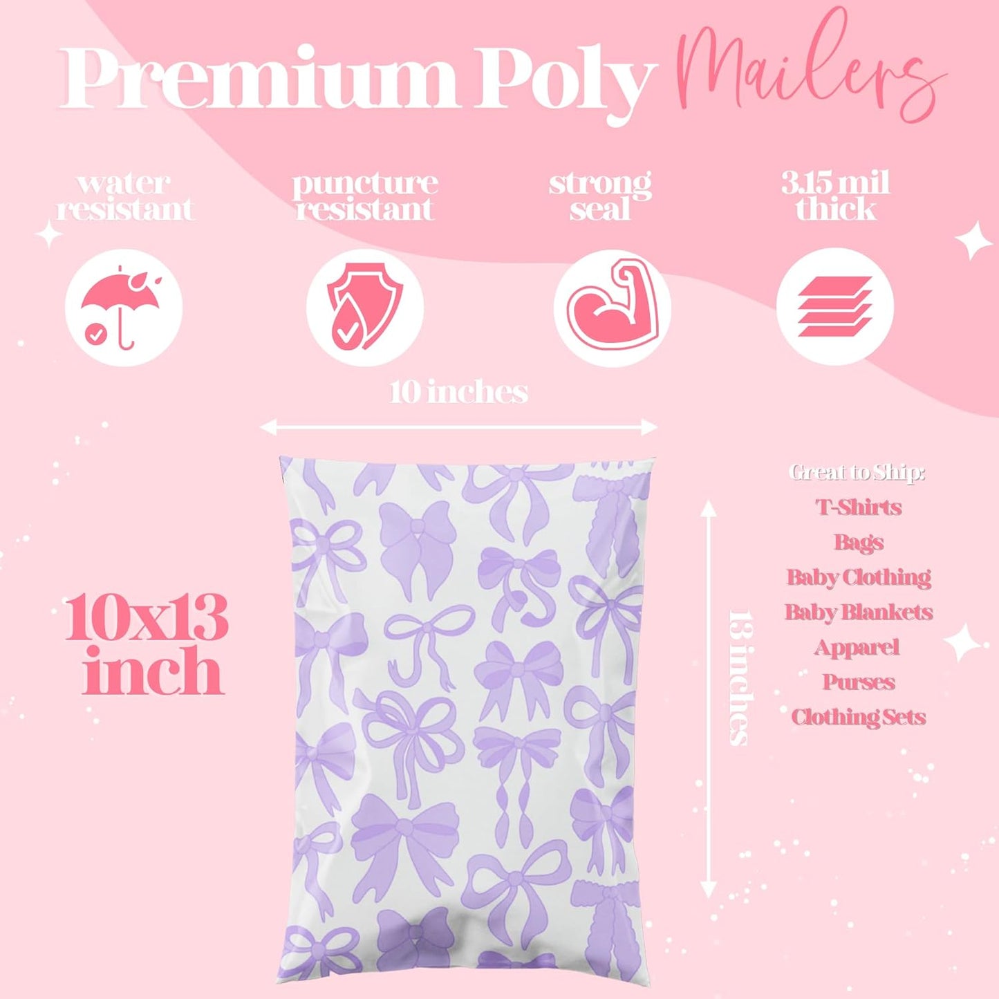 14.5x19 Designer Poly Mailer 100 Pack Heavy Duty Waterproof Self Seal Shipping Bags for Small Business Large Mailing Envelopes Bulk Tear Resistant Packaging Purple Bows