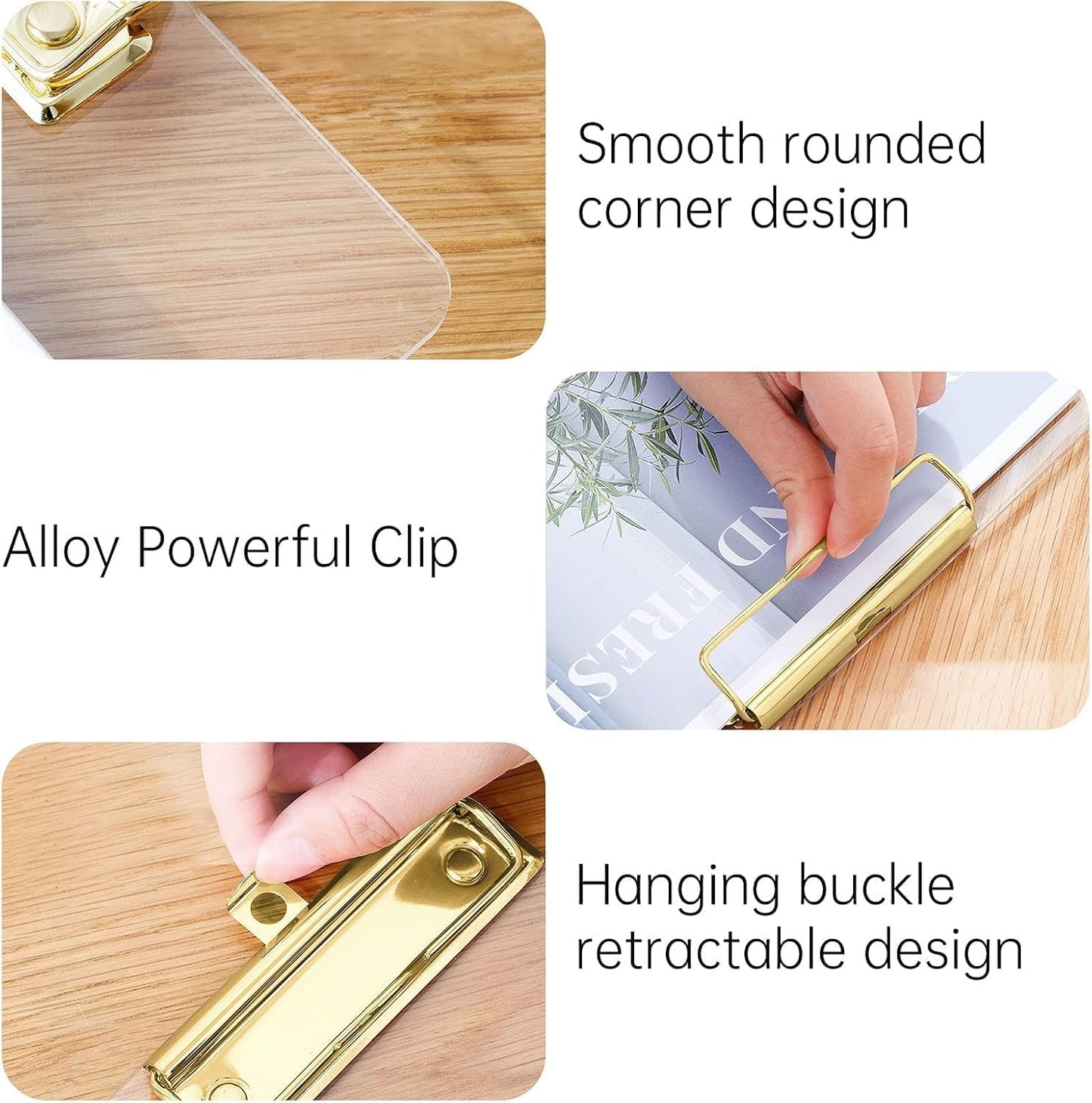 Honagu Acrylic Clear Clipboards, Transparent Plastic Clipboard with Gold Strong Clip Hidden Hanging Hole, A4 Letter Size Clipboards for Nurses, Art Student, Teachers,School & Office Supplies, 4PC