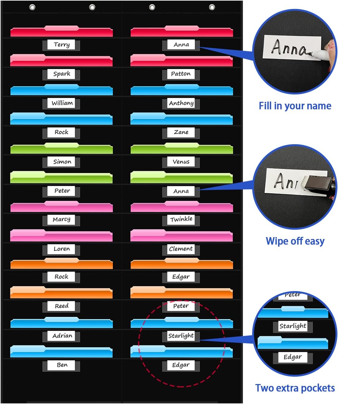 REGELETO 24 Pocket Storage Chart with Nametag Pockets, Hanging Wall File Organizer for Classroom and Office, Black