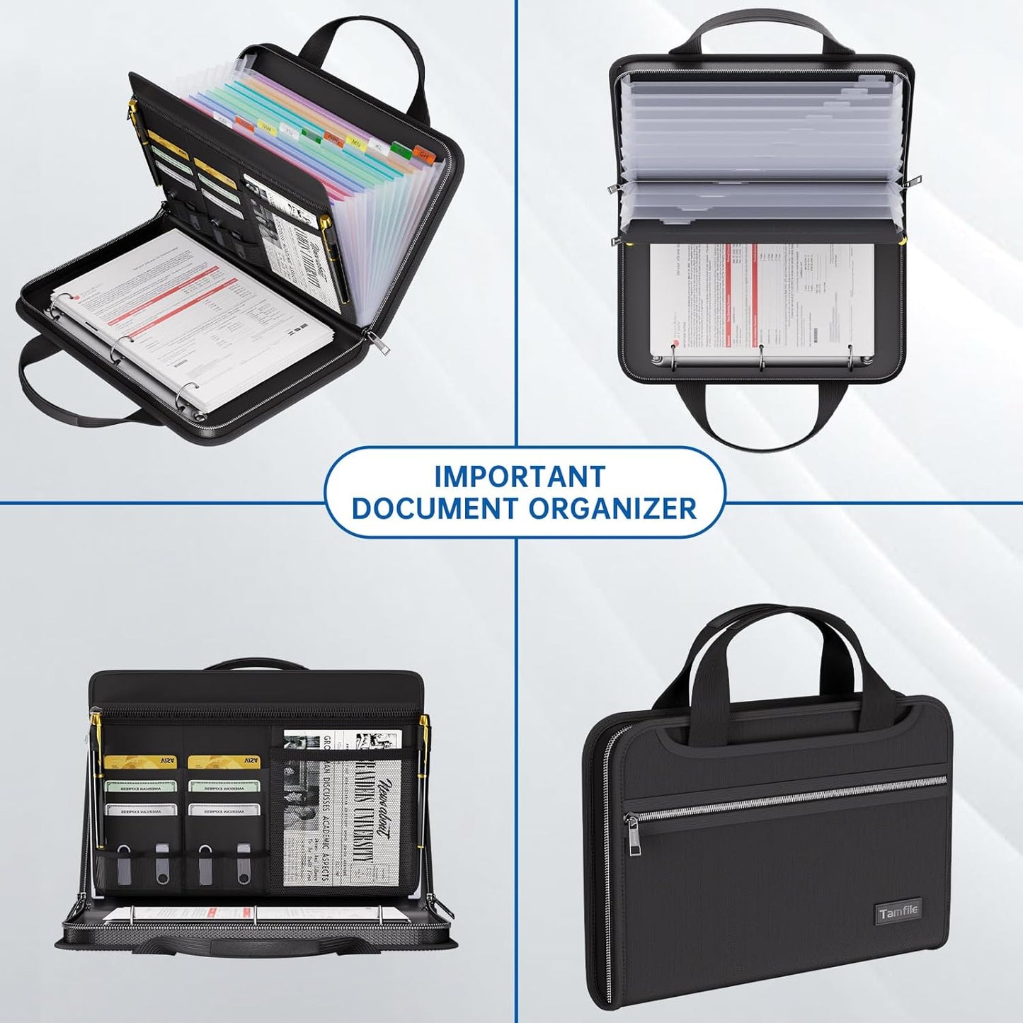 Tamfile Fireproof Accordion File Organizer with Handle, 13 Pocket Expanding File Folder with Zipper & Labels, File Folder with 3 Ring Binder, Multi Pockets Paper Organizer Folder for Letter A4 Files