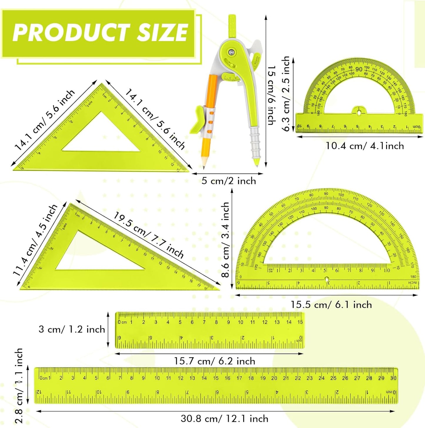 Zonon 1 Set Plastic Geometry Math Set 7 Pcs Includes 6'' / 4 '' Protractor, Drawing Compass, 45/60 Degree Triangle Rulers, 12'' / 6'' Math Ruler Transparent for Office Supplies(Yellow)