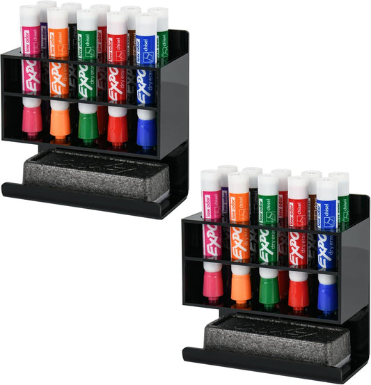 Dry Erase Marker Holder, 2 PCS Wall Mounted Acrylic Marker Holder with 10 Slots, Sticky Pen Storage for Classroom Organization, Whiteboard, Office, Black