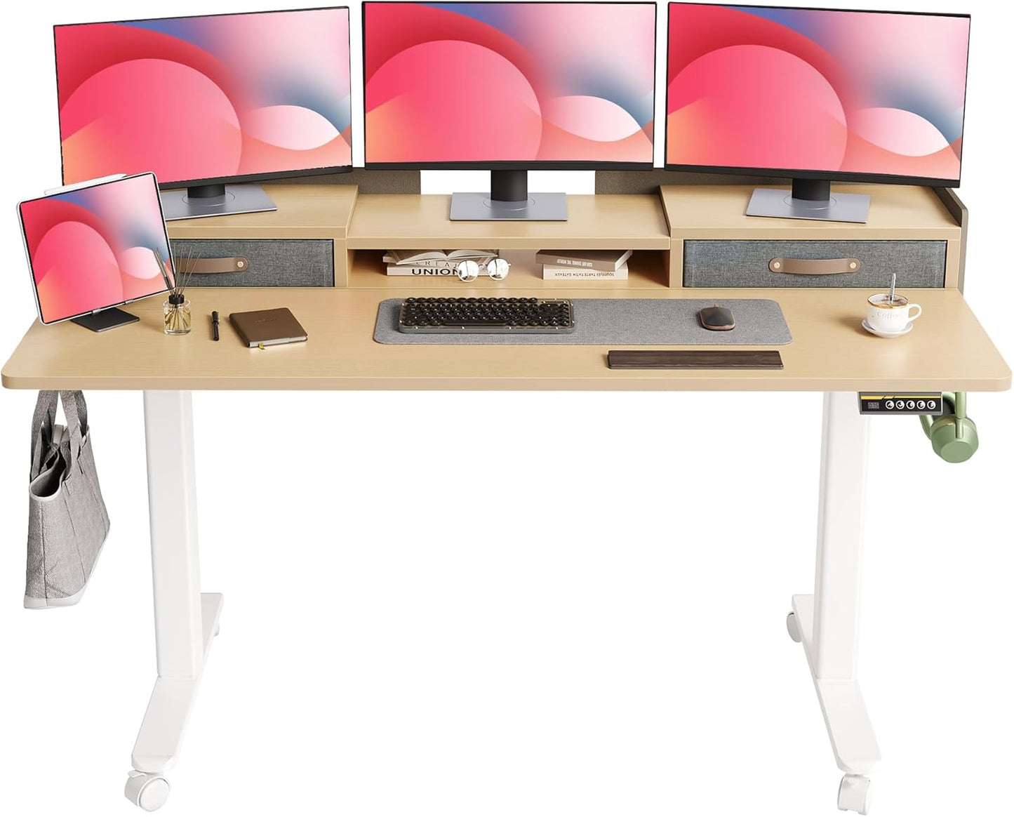 YDN Standing Desk with Drawers, 59 Inch Standing Desk Adjustable Height, Adjustable Electric Stand Up with Storage and Shelf, Natural