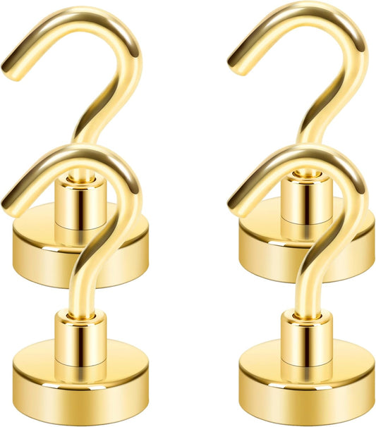 Neosmuk Magnetic Hooks,30lb Heavy Duty Earth Magnets with Hook for Refrigerator, Extra Strong Cruise Hook for Hanging, Magnetic Hanger for Curtain, Grill (Golden, 4 Pack)