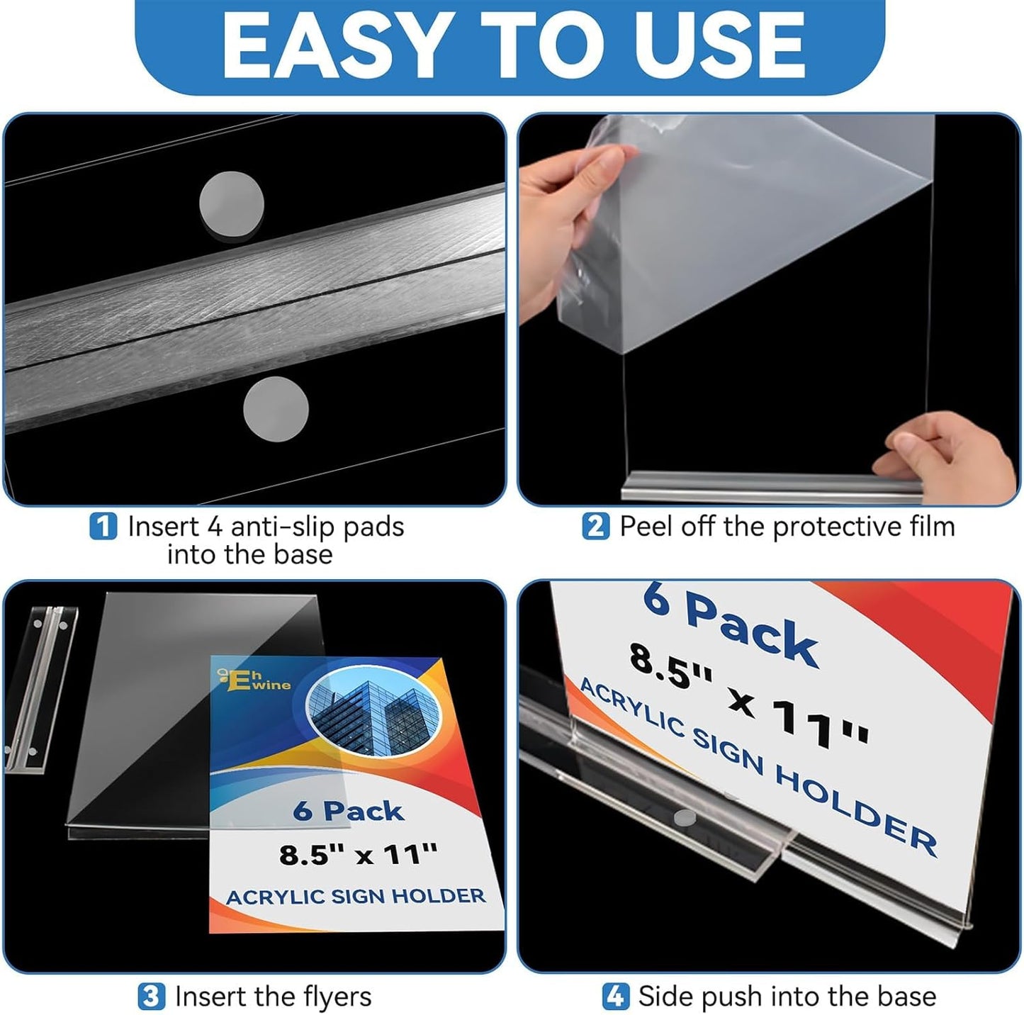 EHWINE 6 Pack 8.5 x 11 Acrylic Sign Holder, Clear Signs Display Holder Double-Sided Stand up Table Top Sign Holders Flyer Stand Frames Suitable for Office Business Store Hotels Party(Provide Non-slip Mats)