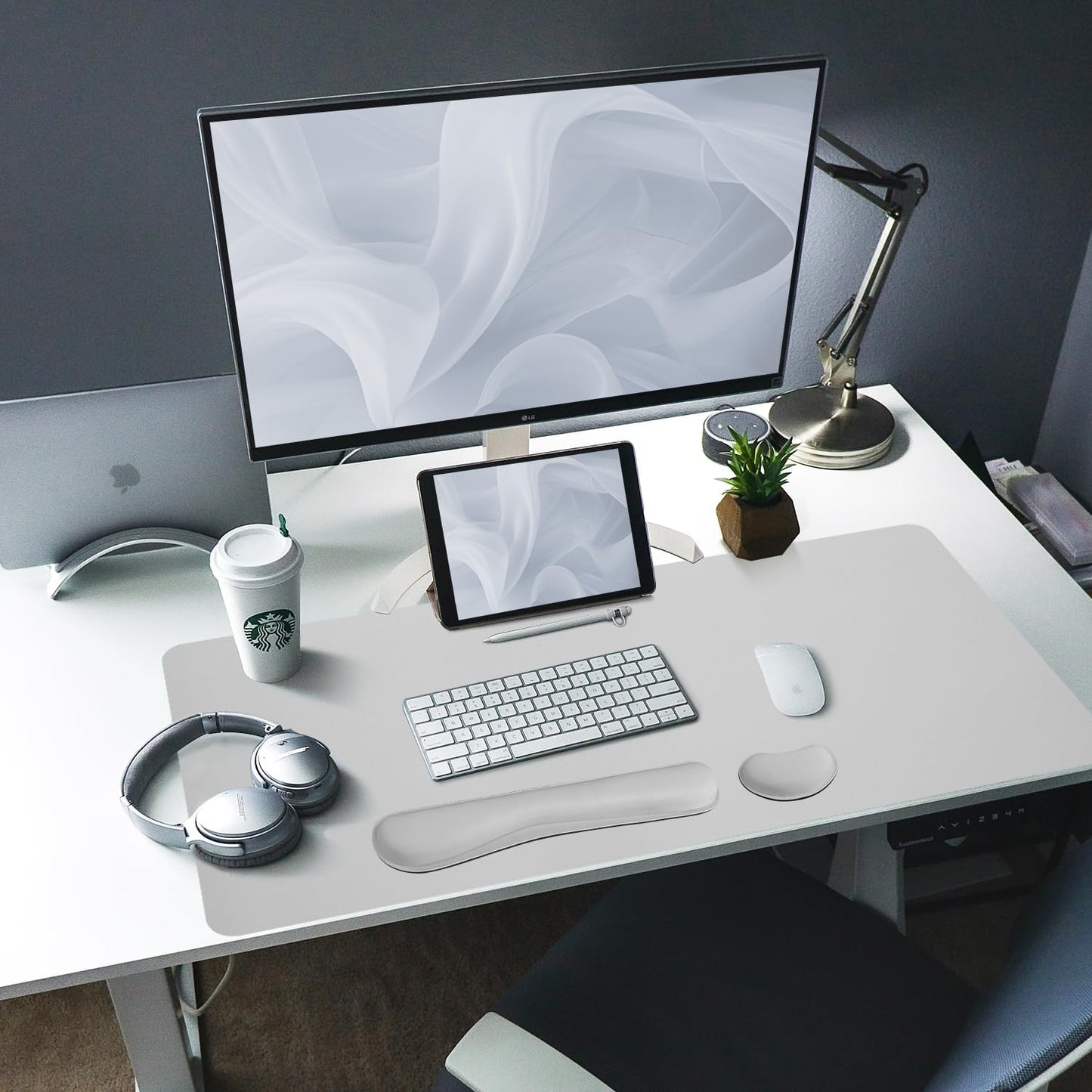 Bloss Leather Desk Pad and Keyboard Wrist Rest, Large Mouse Pad + Keyboard Pad+Mouse Wrist Support, Non-Slip Desk Mat Protector for Office, Home(31.5×15.7 Inches, Light Grey)