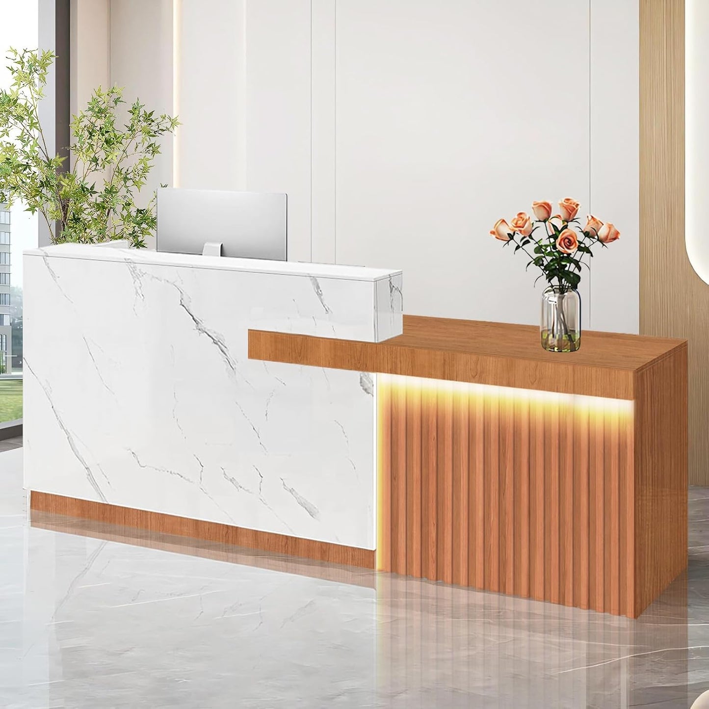 Modern Reception Desk with Counter and Drawer Office Front Desk with Cabinet Wooden Commercial Reception Table Checkout Counter for Retail Salon Lobby White and Brown Right 79inch/200cm