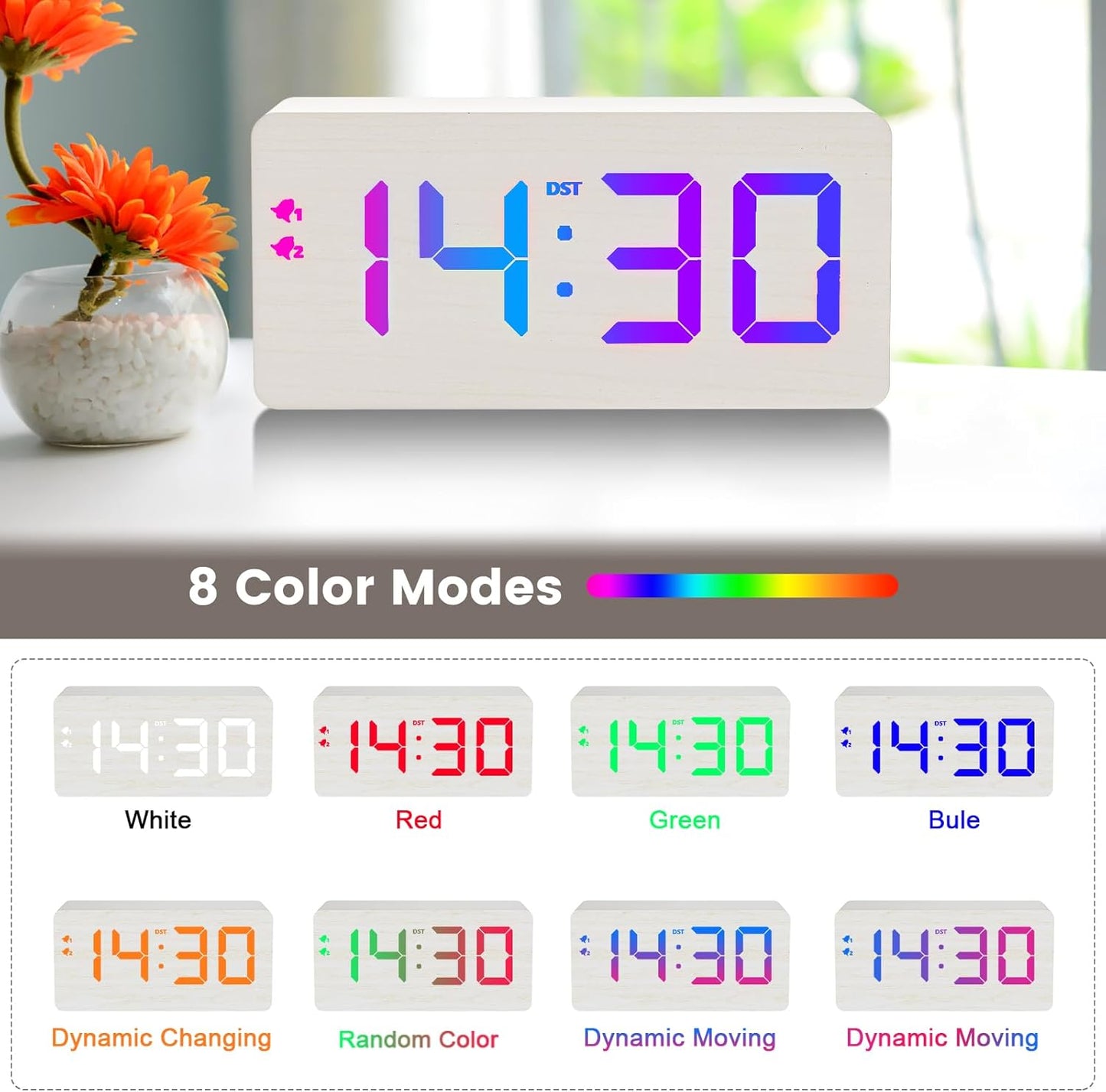 Wooden Digital Alarm Clock with Fast Wireless Charger, Dual USB Charging Ports, DST, Dimmable, Snooze, RGB Large Number Display LED Clock for Bedrooms, Living Room, Desk, Table, Bedside(White)