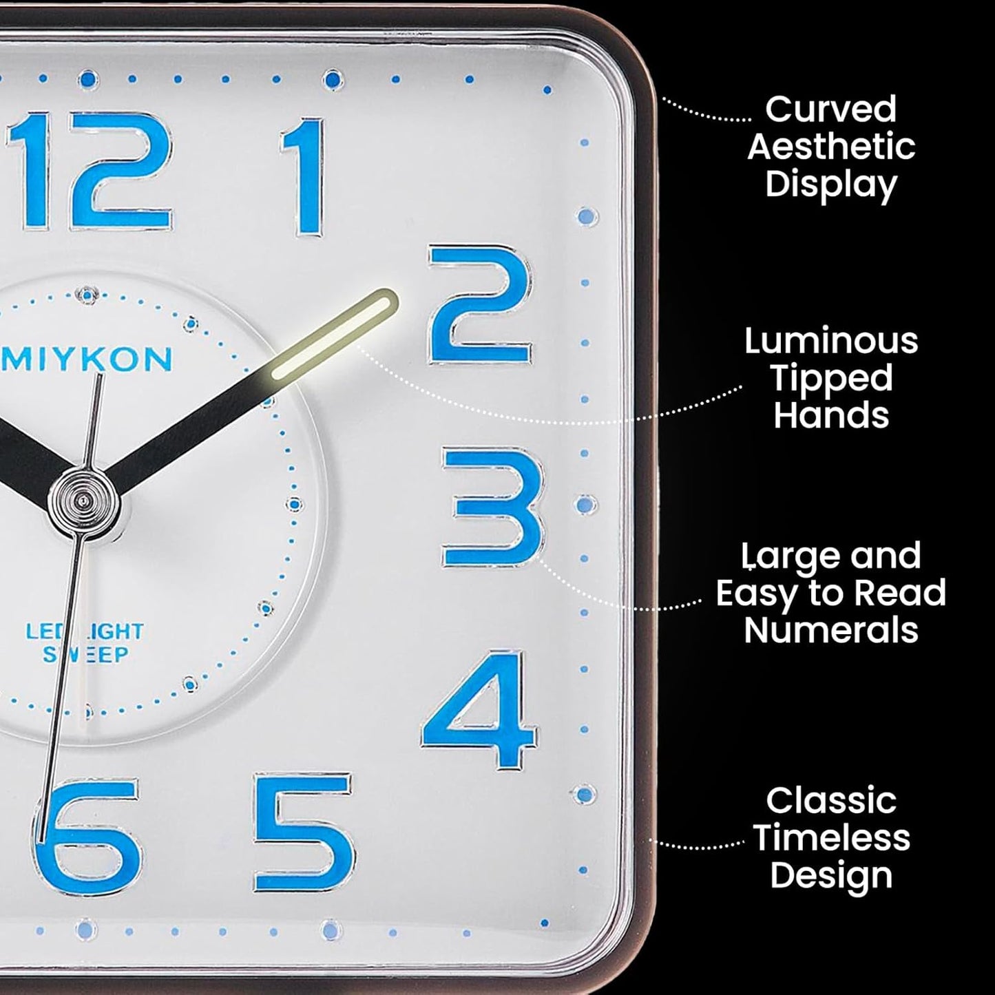 Miykon Small Square Analog Alarm Clock – Silent Non-Ticking, Battery Operated with LED Light & Snooze – Desk, Table, Travel or Bedside Clock for Bedroom, Office, Bathroom – Black 4 Inch