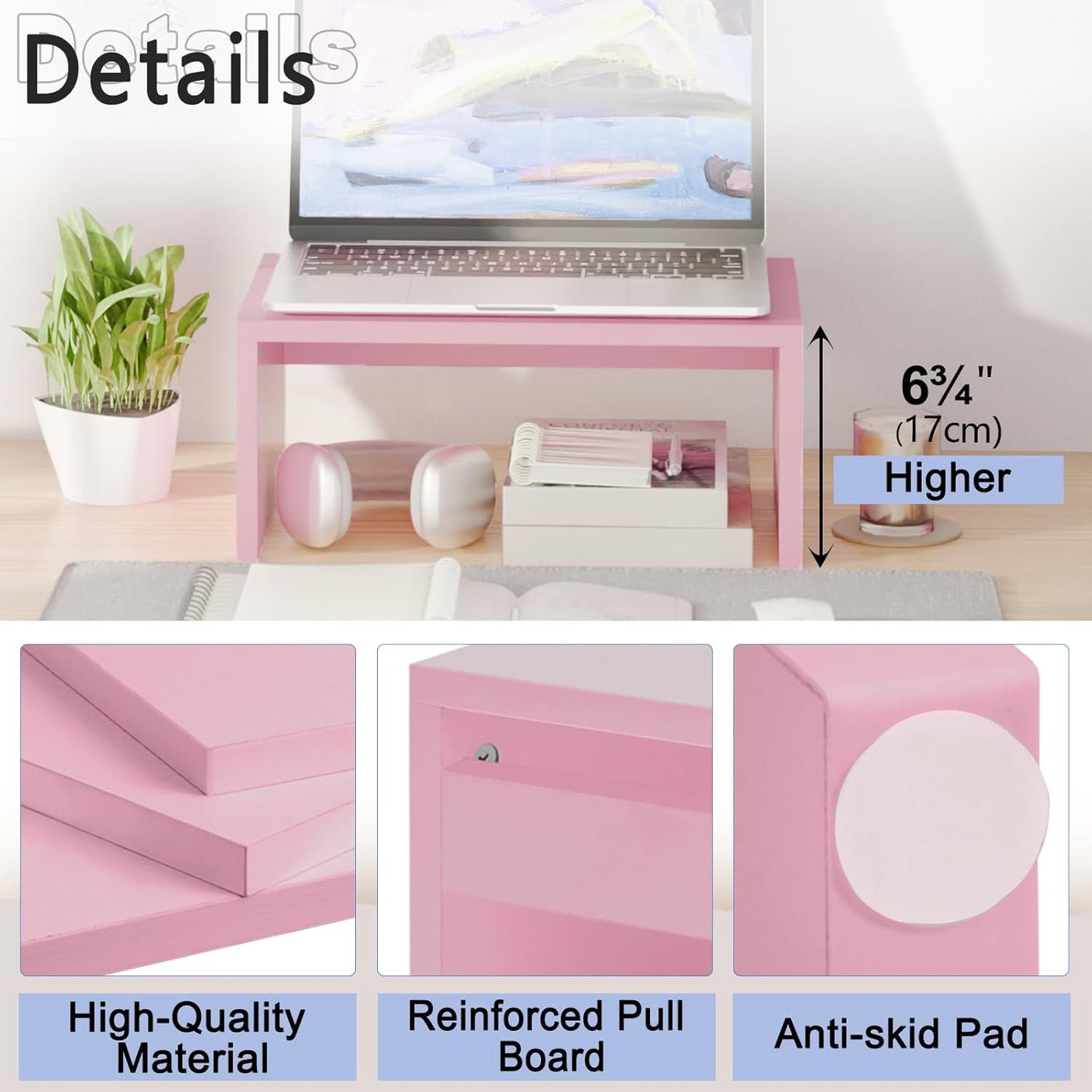 TEAMIX Pink Monitor Stand Riser-6.7 inch, Wood Higher Monitor Riser with Storage for Desk, Laptop Riser Computer PC Stand for Desktop Workspace Home Office(Pink-Higher)
