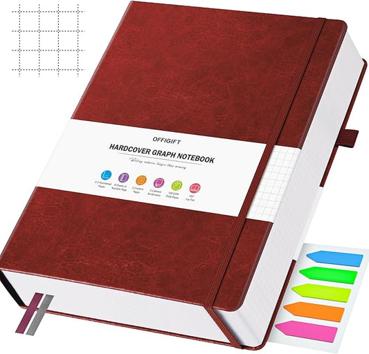 Graph Paper Notebook, 312 Numbered Pages A5 Hardcover Leather Journal, 100gsm No Bleed Grid Paper Notebook with Index Pages, Grid Notebook for Graphing Notes Math, 5.75" x 8.38", Burgundy