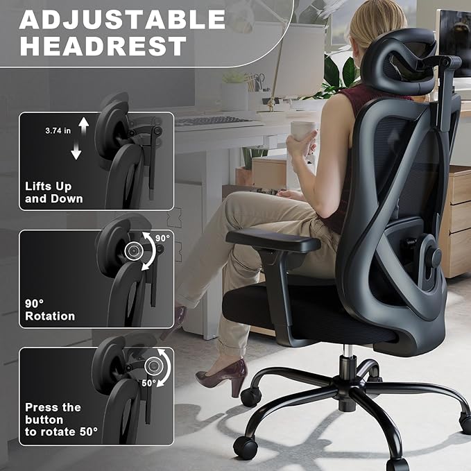 Ergonomic Office Chairs with Adjustable Headrest and Lumbar Support, High Back Mesh Home Computer Desk Chairs with 3D Armrest, 360° Swivel Wheels and Rocking Function, Black