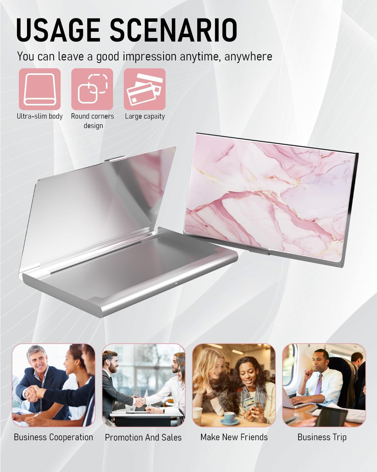 Business Card Metal Slim Organizer, Professional Stainless Steel Square Pocket Wallet for Office Workers, Compact and Portable for Pockets (Pink Marble