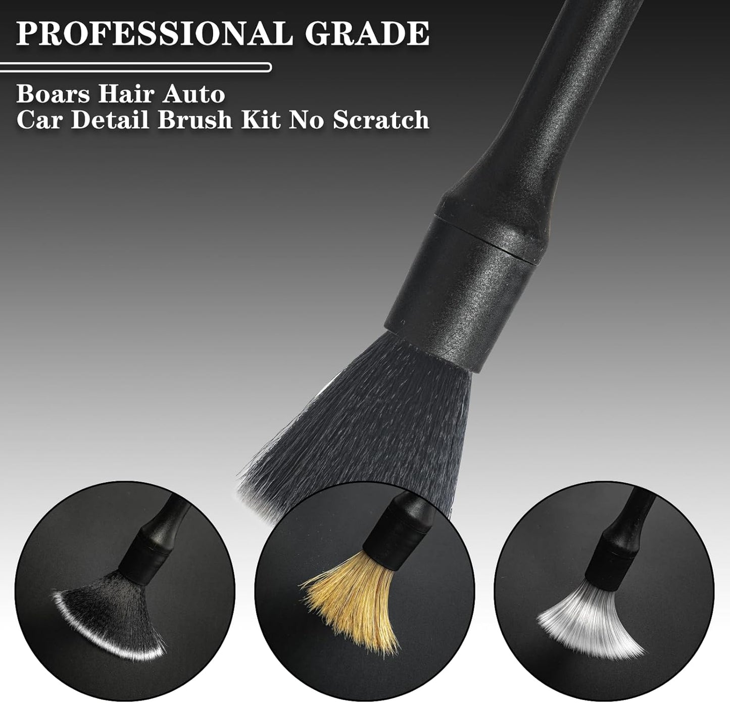 Detailing Brush Set, 3Pack Car Detailing Brushes for Dashboard Engine Bay Air Vents Leather Seat Wheel Vehicle Motorcycle Boars Hair Interior Detail Brush with Conversion Elbow, Black